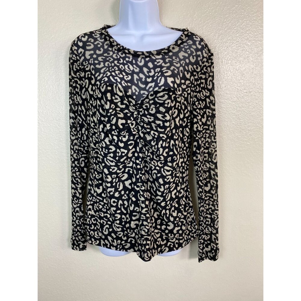 💜 CABI Womens Sweetheart Mesh Long Sleeve Leopard Top Size Medium Black Cream